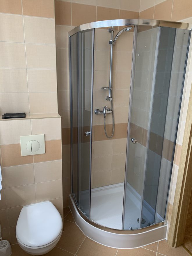 Zdjęcie przedstawia wnętrze łazienki z kabiną prysznicową i toaletą.