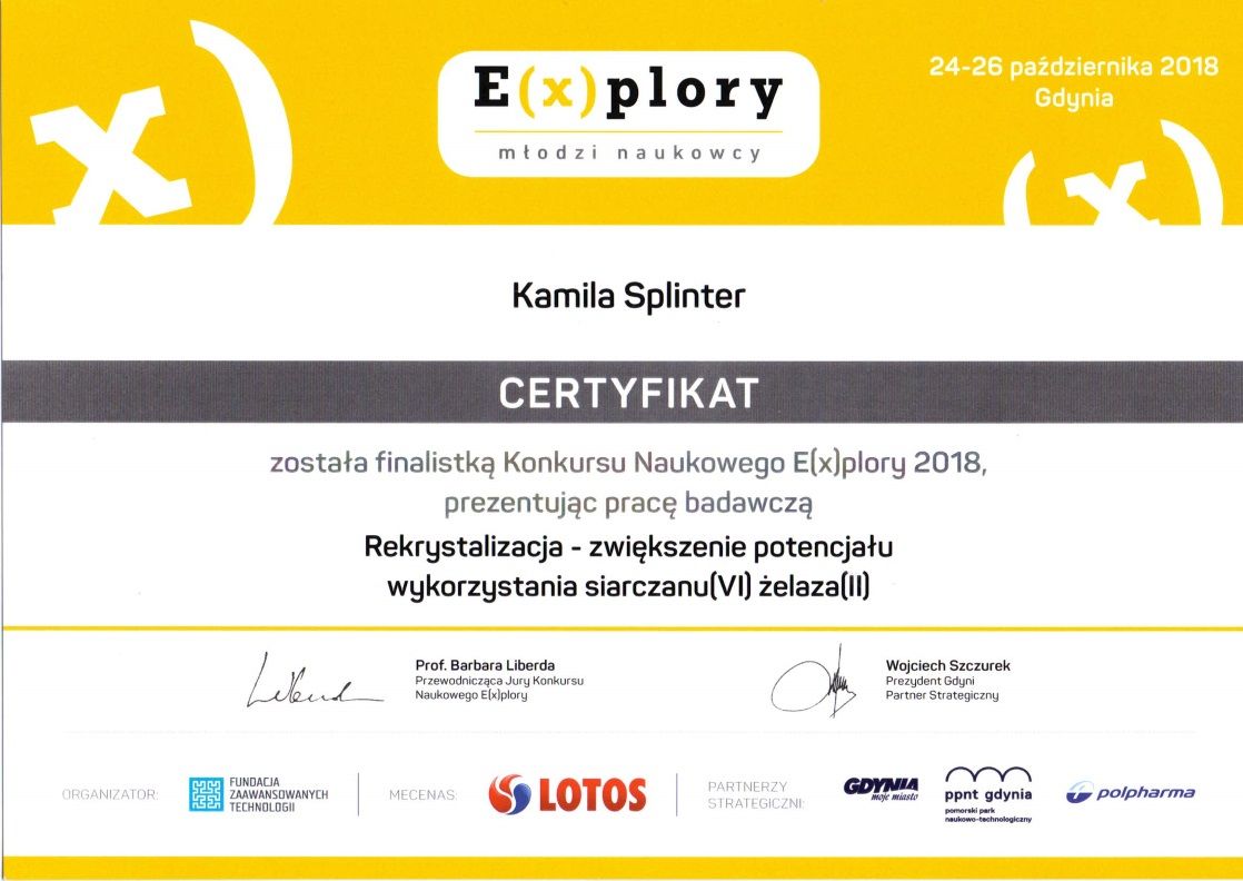 Certyfikat finalistki konkursu, akredytacja na MILSET Expo-Sciences International w Abu Dhabi, 22-28 września 2019 roku.