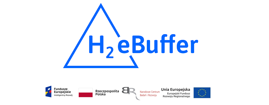 Logo projektu H2eBuffer polegającego na opracowaniu inteligentnego i bezobsługowego systemu stabilizacji pracy dystrybucyjnych sieci elektroenergetycznych.