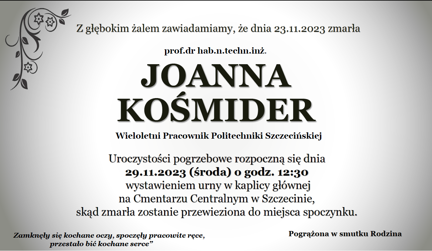informacja o uroczystości pogrzebowej prof. Kośmider 29 listopada o godzinie 12:30 na cmentarzu centralnym