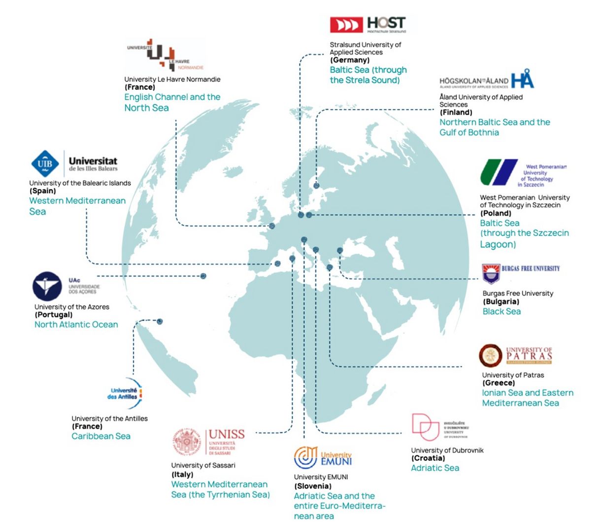 Mapa przedstawiająca 12 Uczelni tworzących Konsorcjum