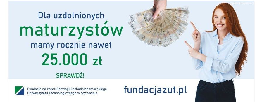 Baner promujący Fundacje ZUT - Kobieta wskazuje palcami na banknoty